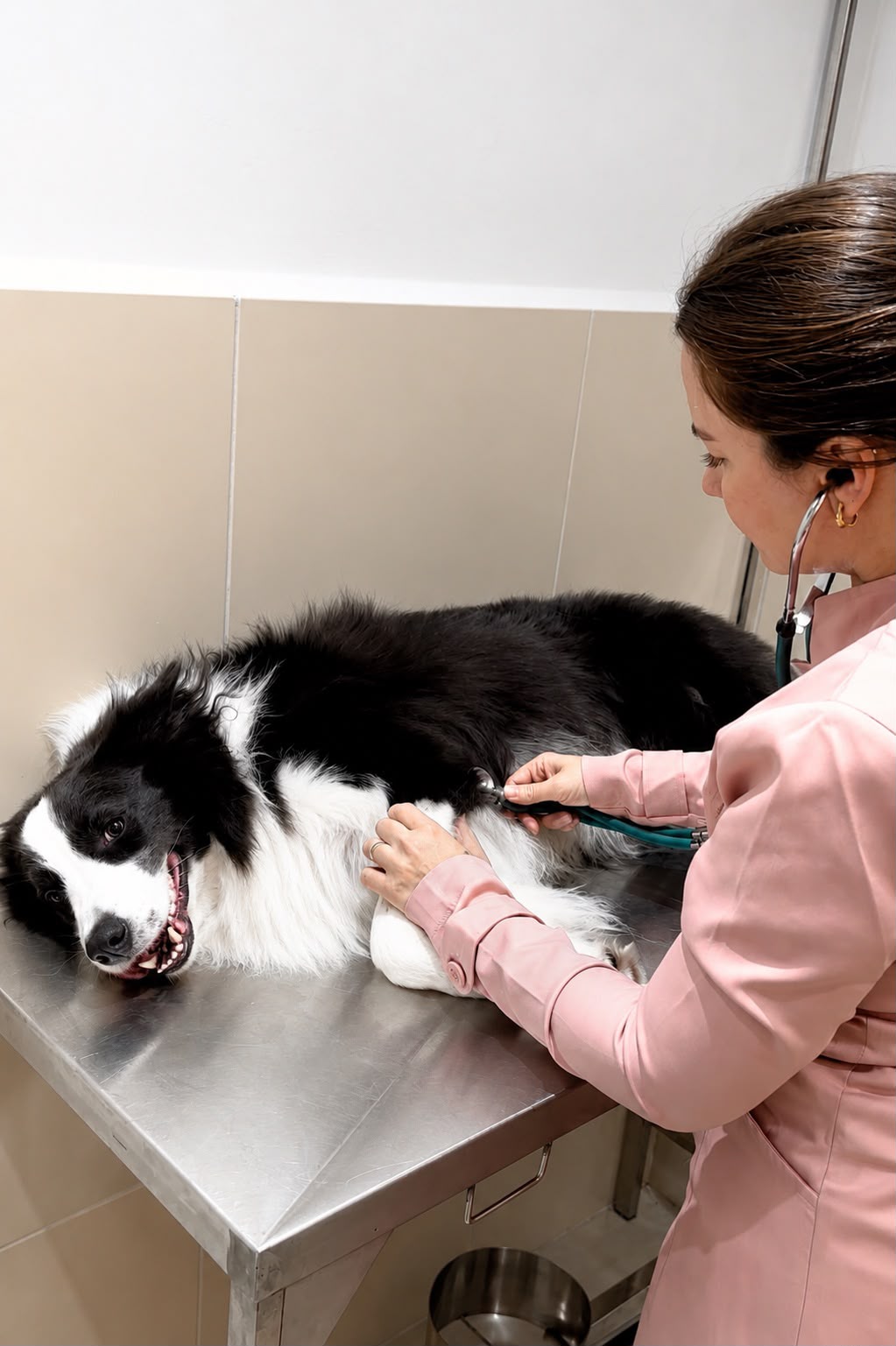 Dra. Bárbara Saú examinando um cão em consultório veterinário